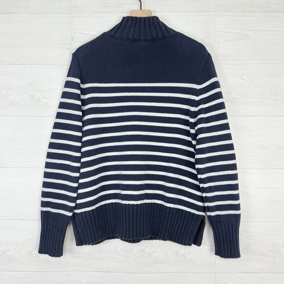 J.Crew Turtleneck Sweater Women Large Navy Stripe Cotton Chunky Knit Coastal - Picture 8 of 16